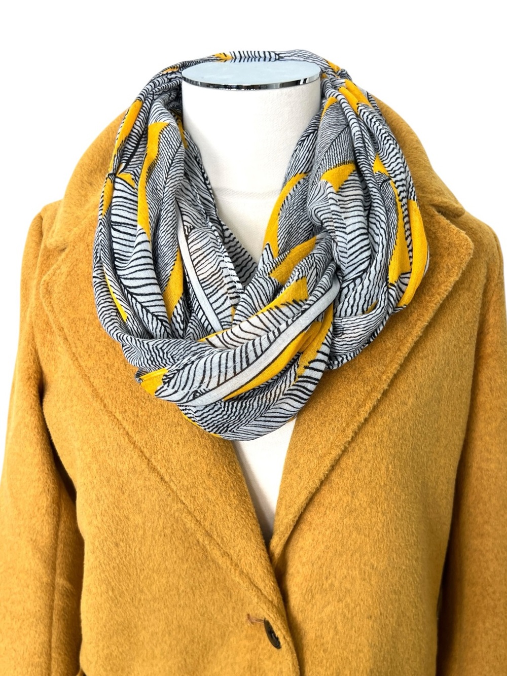 LOFT Yellow and Black Striped Leaves Patterned Infinity Scarf OS